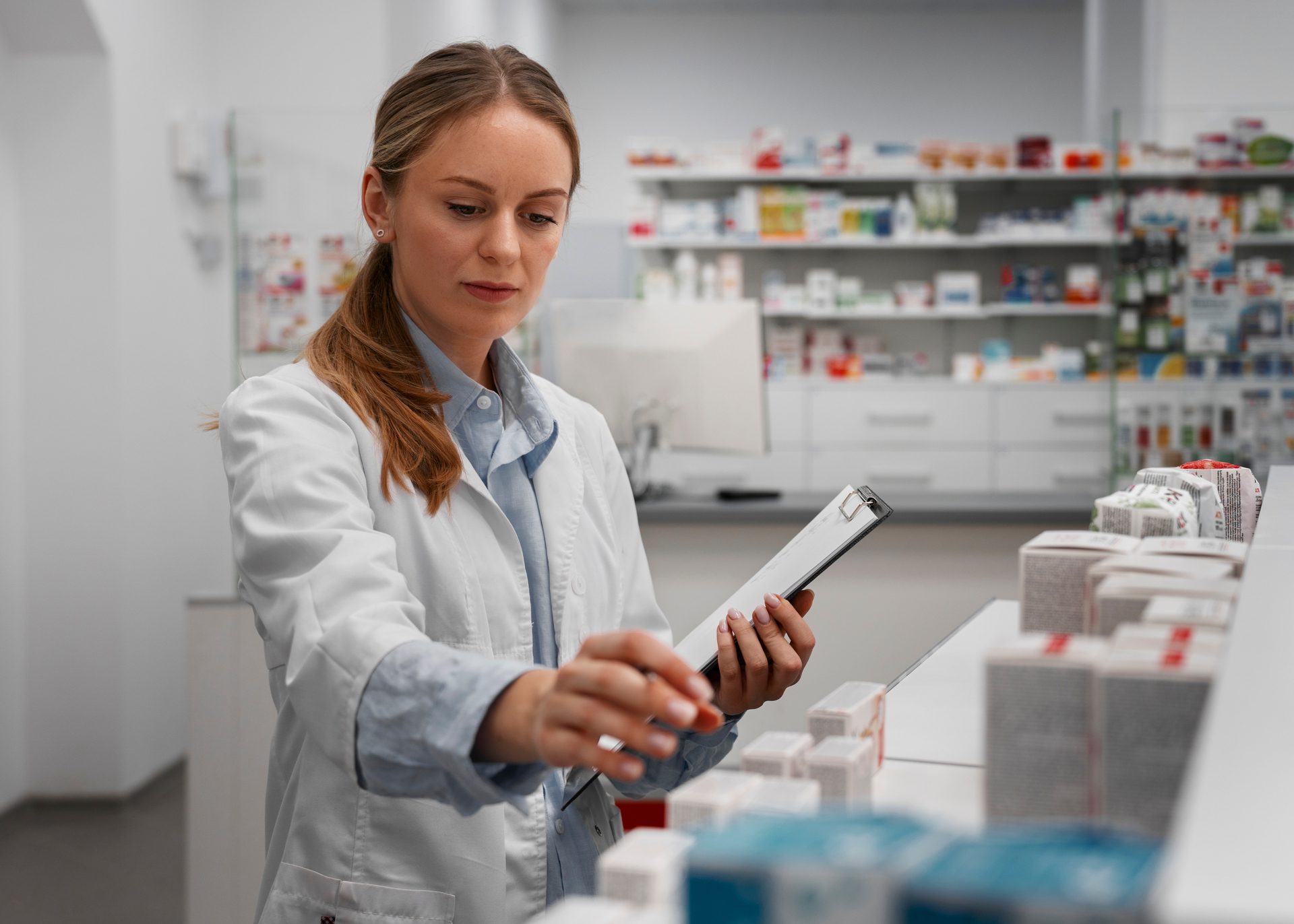 A focused individual in a lab coat is examining a container in a modern laboratory setting.