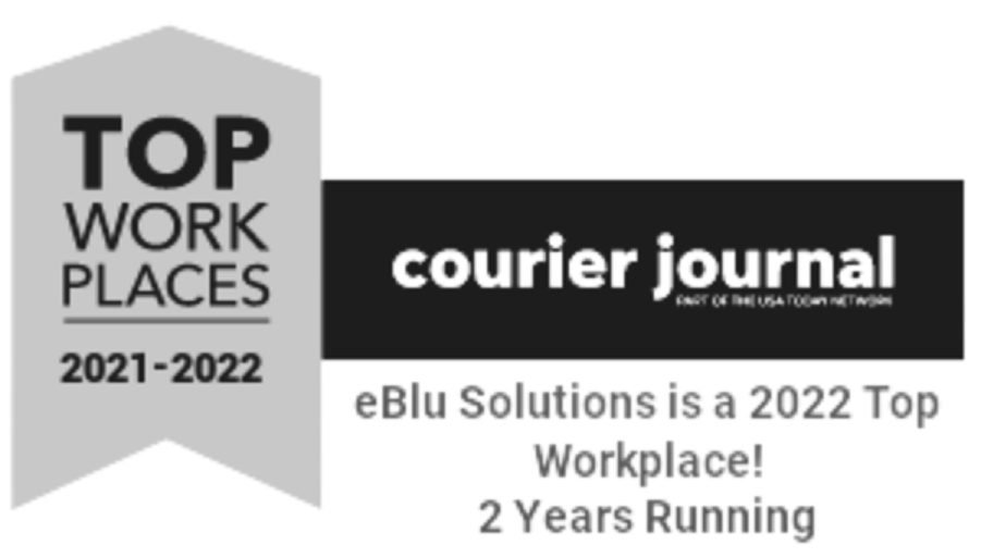 A banner celebrates eBlu Solutions as a top workplace for two consecutive years, highlighted by an award logo for 2021 and 2022.