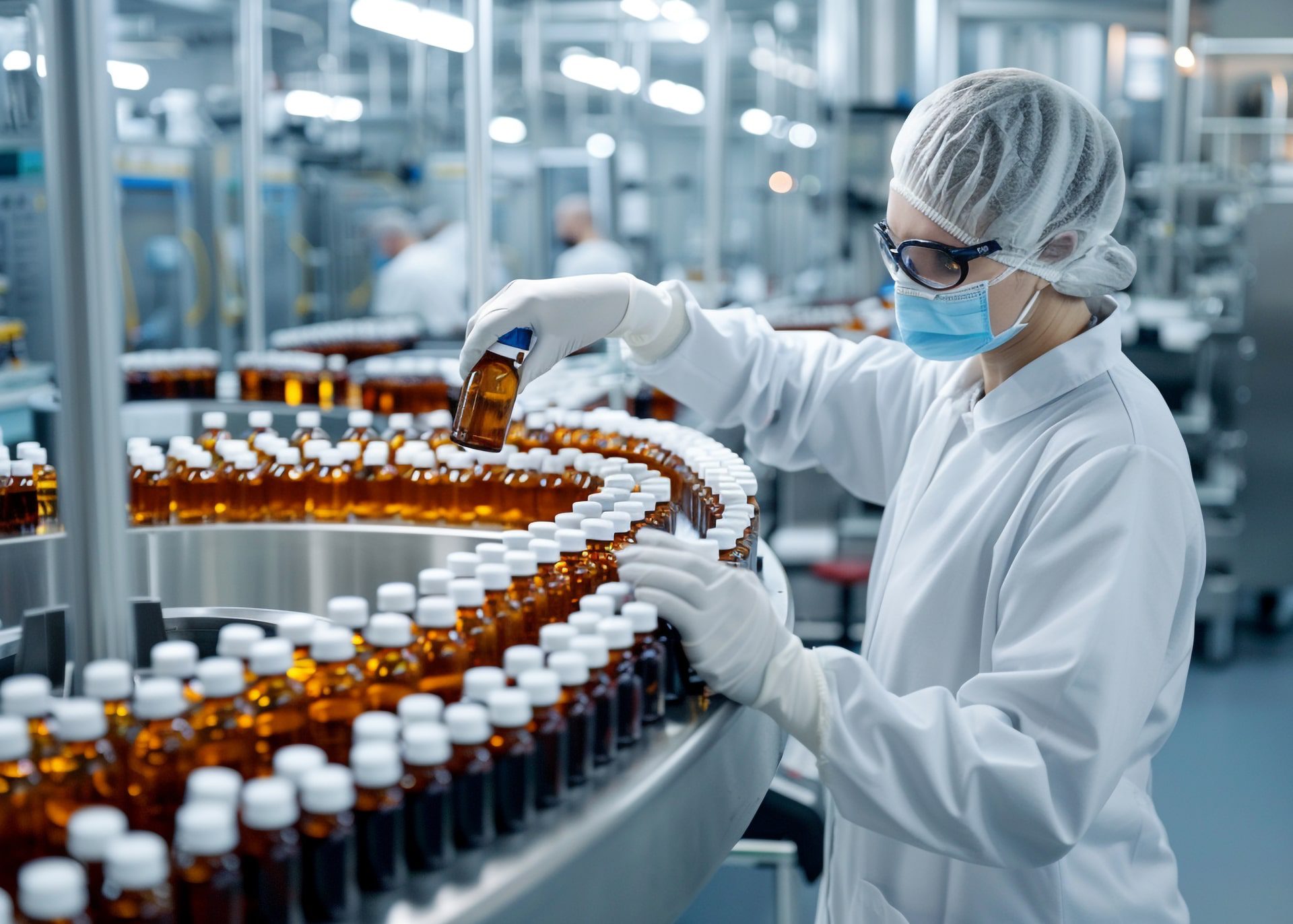 A worker in a lab coat and mask inspects a production line of amber medicine bottles in a pharmaceutical manufacturing facility.